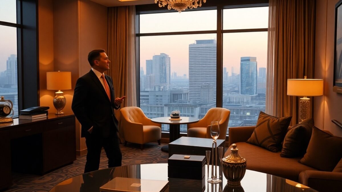 Businessman in suit overlooking city skyline from luxury hotel suite.