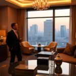 Businessman in suit overlooking city skyline from luxury hotel suite.
