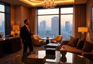 Businessman in suit overlooking city skyline from luxury hotel suite.