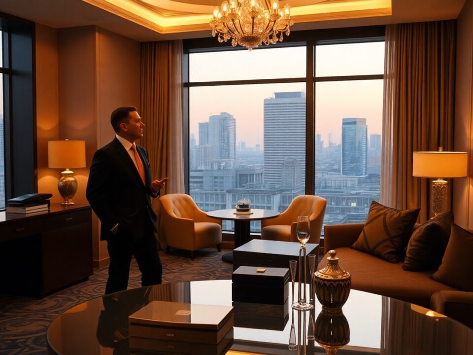 Businessman in suit overlooking city skyline from luxury hotel suite.