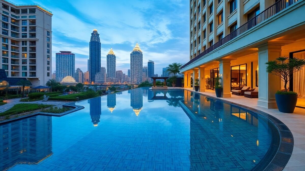 Luxury hotel infinity pool overlooking city skyline at dusk.
