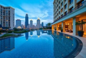 Luxury hotel infinity pool overlooking city skyline at dusk.
