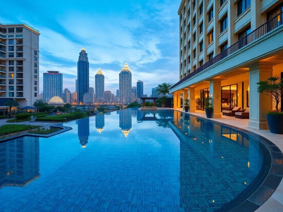 Luxury hotel infinity pool overlooking city skyline at dusk.
