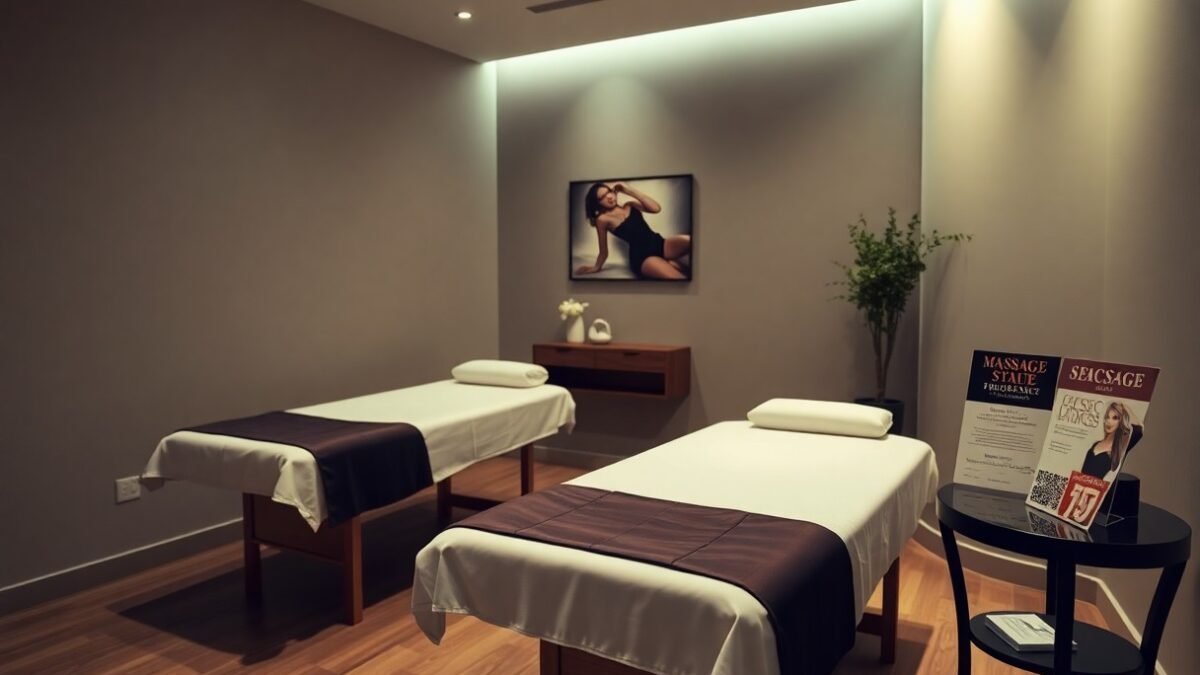 Two massage tables in a tranquil spa room, ready for clients.