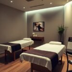 Two massage tables in a tranquil spa room, ready for clients.