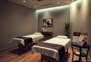 Two massage tables in a tranquil spa room, ready for clients.