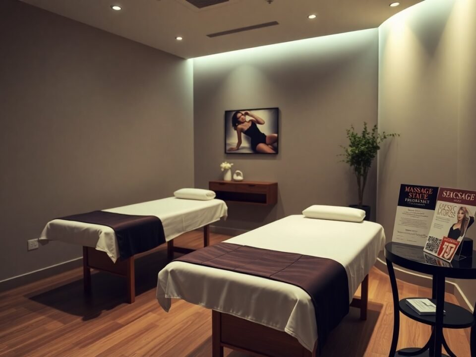Two massage tables in a tranquil spa room, ready for clients.