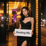 Woman in black dress holding a sign that says "Booking Me
