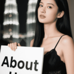 Woman holding "About Us" sign with Petronas Towers in the background