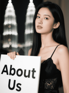 Woman holding "About Us" sign with Petronas Towers in the background
