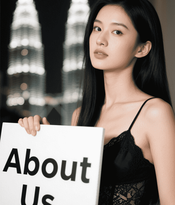 Woman holding "About Us" sign with Petronas Towers in the background