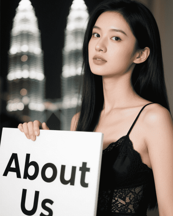 Woman holding "About Us" sign with Petronas Towers in the background
