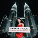 Woman in red dress holding sign: "Chinese & Malay | Escort | Callgirl | Incall & Outcall" against Petronas Towers backdrop.