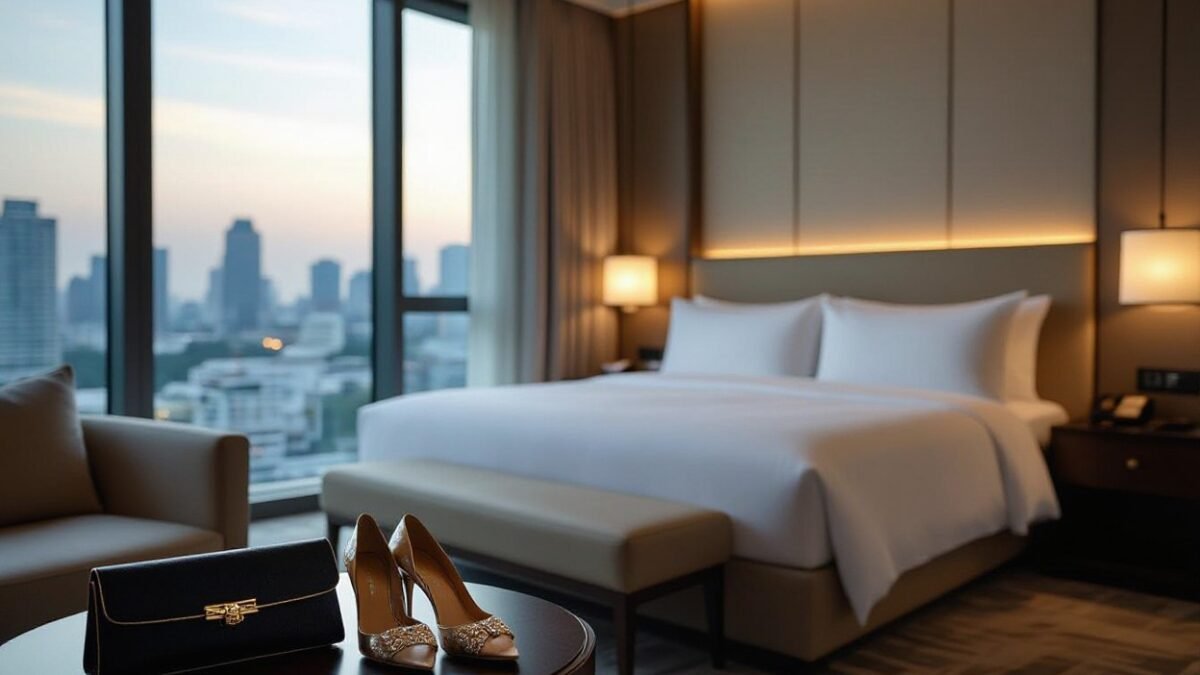 Luxury hotel room with city view, featuring a bed, seating area, and women's accessories on a side table.