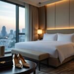 Luxury hotel room with city view, featuring a bed, seating area, and women's accessories on a side table.