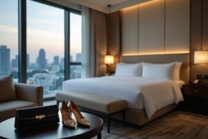 Luxury hotel room with city view, featuring a bed, seating area, and women's accessories on a side table.