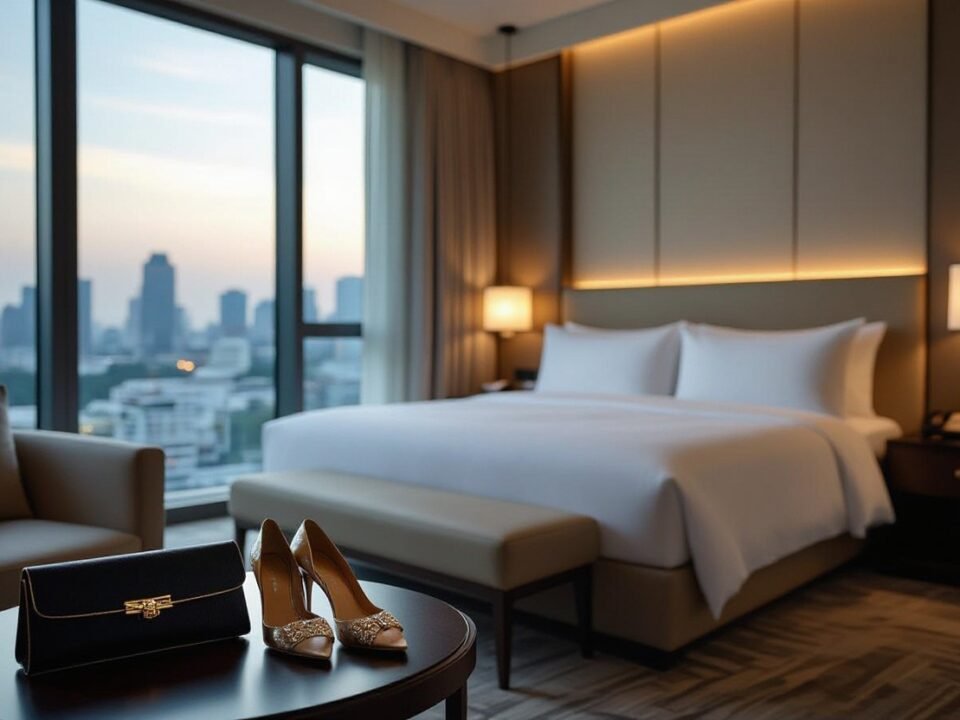 Luxury hotel room with city view, featuring a bed, seating area, and women's accessories on a side table.