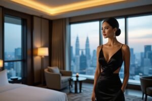 Elegant woman in black satin dress, overlooking city skyline from luxury hotel room.
