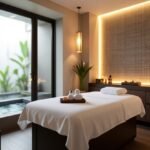 Spa treatment room with massage table, candles, and serene water feature.
