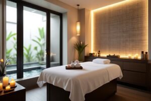Spa treatment room with massage table, candles, and serene water feature.
