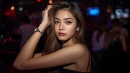 Woman with long brown hair in a dimly lit bar or club setting.