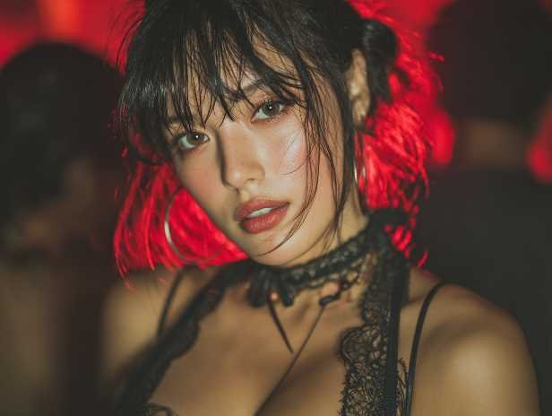 Glamorous woman with dark hair and lace choker under red lighting. Malaysia Escort.