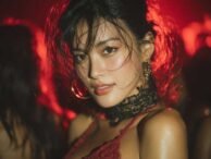 Glamorous woman in red lace and choker, Kuala Lumpur escort vibe.
