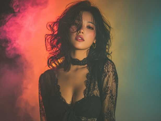 Alluring woman with dark hair and lace top, possibly for Kuala Lumpur escort services.