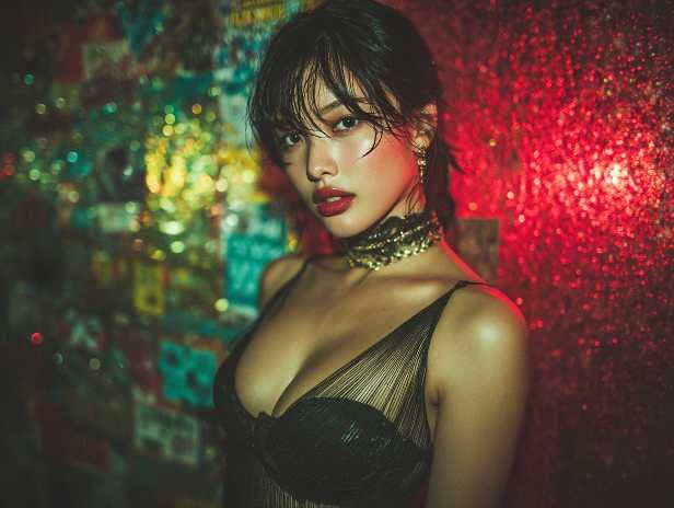 Glamorous woman with red lipstick and a black top. Kuala Lumpur escort service.