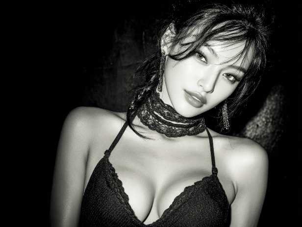 Glamorous woman with a choker, sultry gaze, possibly a KL escort or call girl.