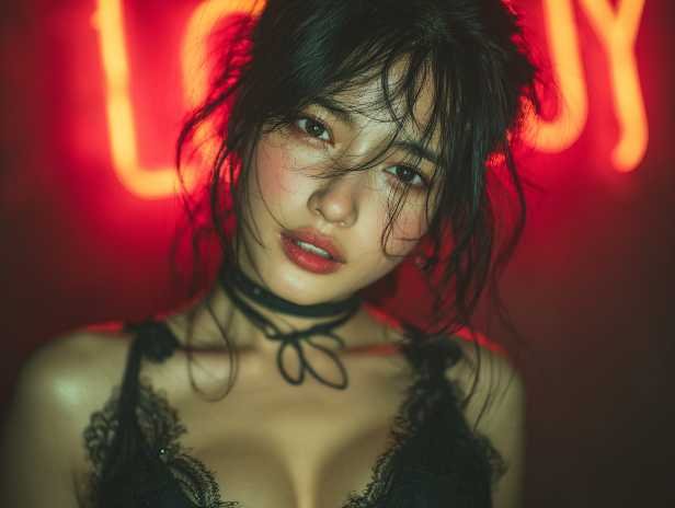 Attractive woman with red lipstick and a choker, posing in front of a neon sign.