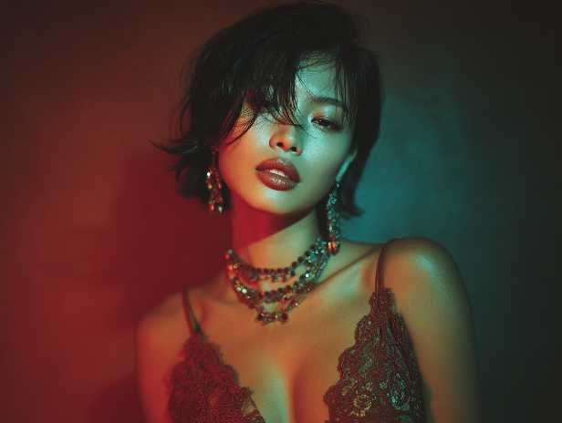 Glamorous woman with short hair, wearing lace lingerie and statement jewelry.