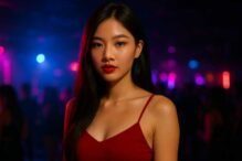 Stylish Asian woman in red dress at a club or party.