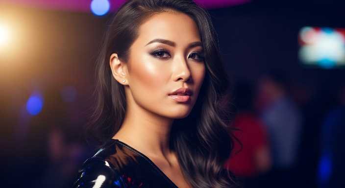 Glamorous woman with smoky eye makeup and wavy hair at a party.