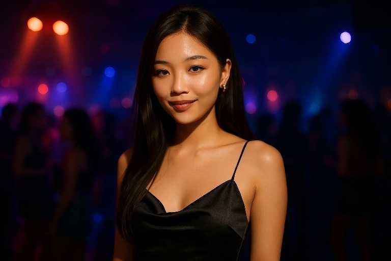 Woman in black dress at a party with colorful lights.