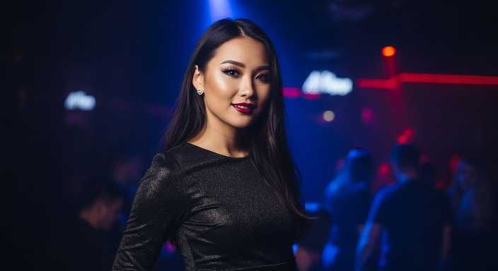 Elegant woman in a black dress at a Kuala Lumpur nightclub.