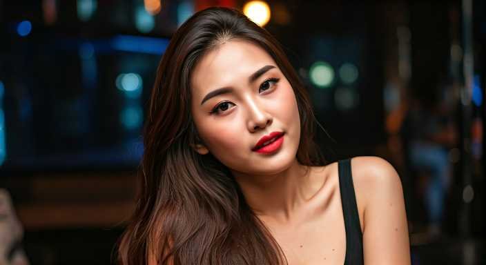 Portrait of a woman with red lipstick at a bar.