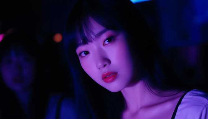 Woman with dark hair under purple and blue lighting, W Kuala Lumpur nightlife vibe.