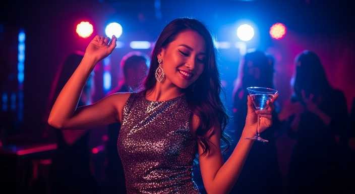 Woman dancing with a cocktail at a Kuala Lumpur nightclub.