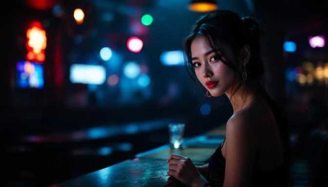 Woman at a bar in Kuala Lumpur with soft, moody lighting.