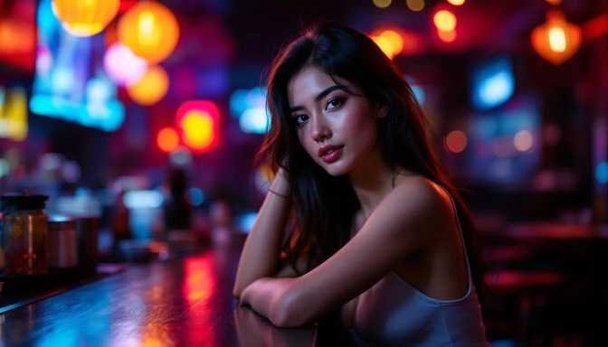 Woman at a bar with colorful lights, likely enjoying the nightlife in Kuala Lumpur.