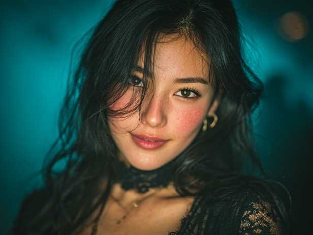 Portrait of a beautiful woman with dark hair and rosy cheeks.