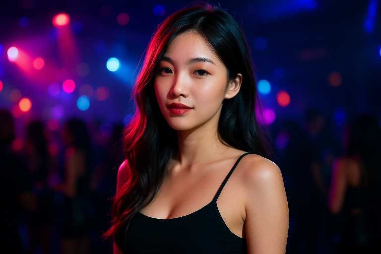 Beautiful woman at a vibrant Kuala Lumpur nightclub, enjoying the nightlife.