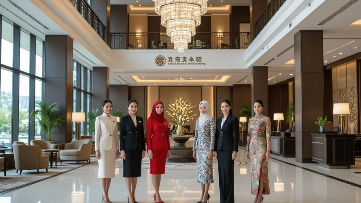 Hotel staff in stylish uniforms stand in a grand lobby with a large chandelier.