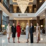 Hotel staff in stylish uniforms stand in a grand lobby with a large chandelier.