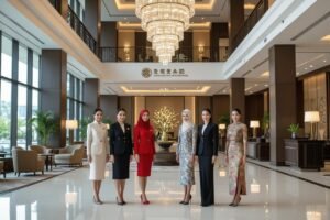 Hotel staff in stylish uniforms stand in a grand lobby with a large chandelier.