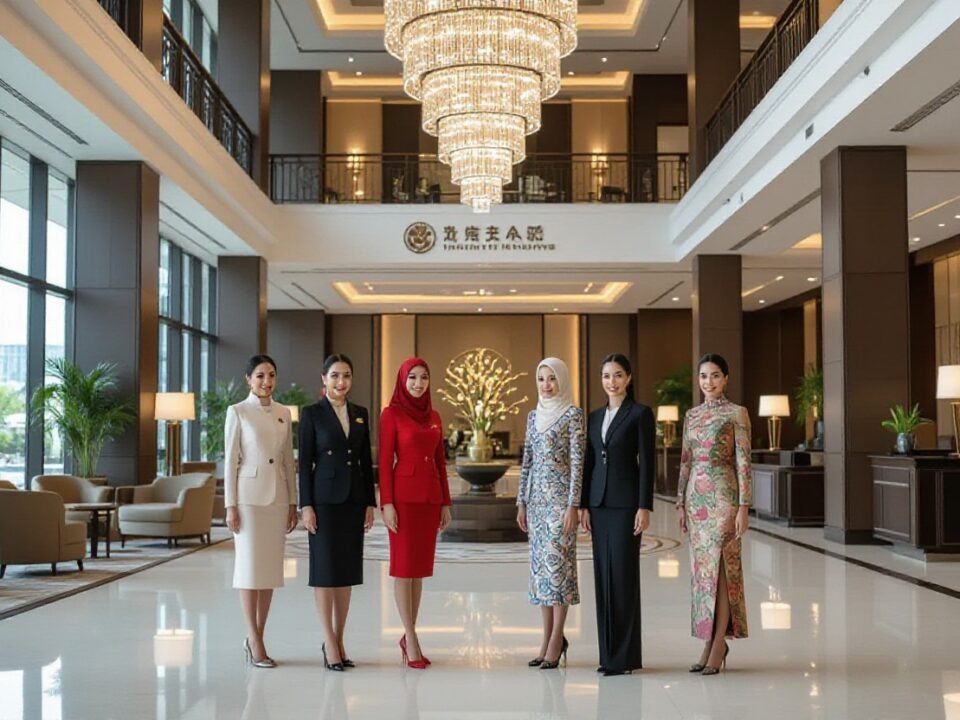 Hotel staff in stylish uniforms stand in a grand lobby with a large chandelier.