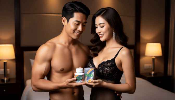 Attractive couple holding male enhancement supplements in a bedroom setting.