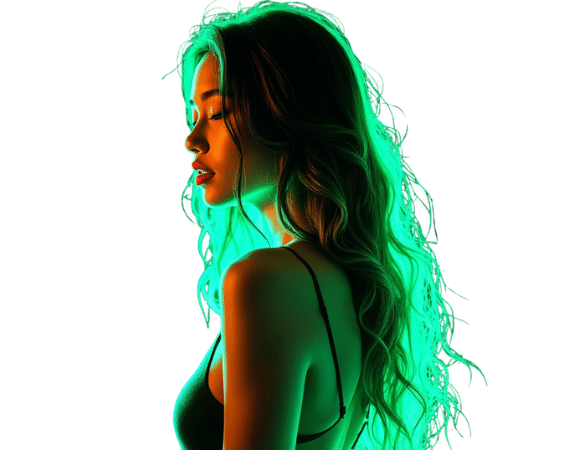Woman with wavy hair, green and orange lighting. Massage B2B Sex Escort concept.