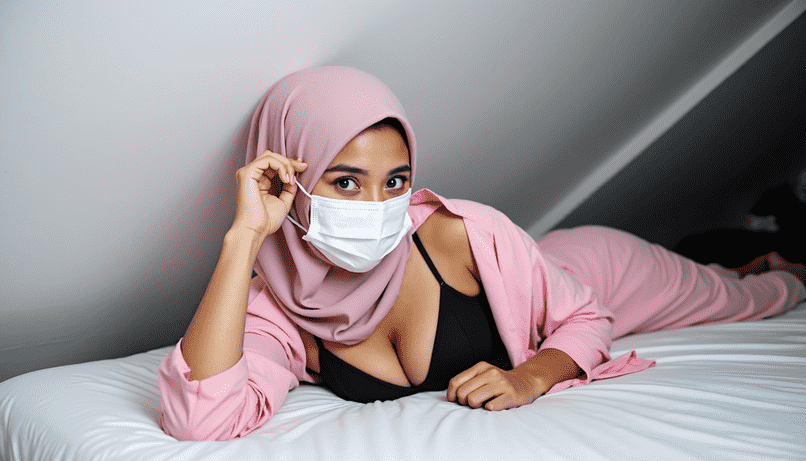 Woman in hijab and face mask lying on bed. KL Escort.